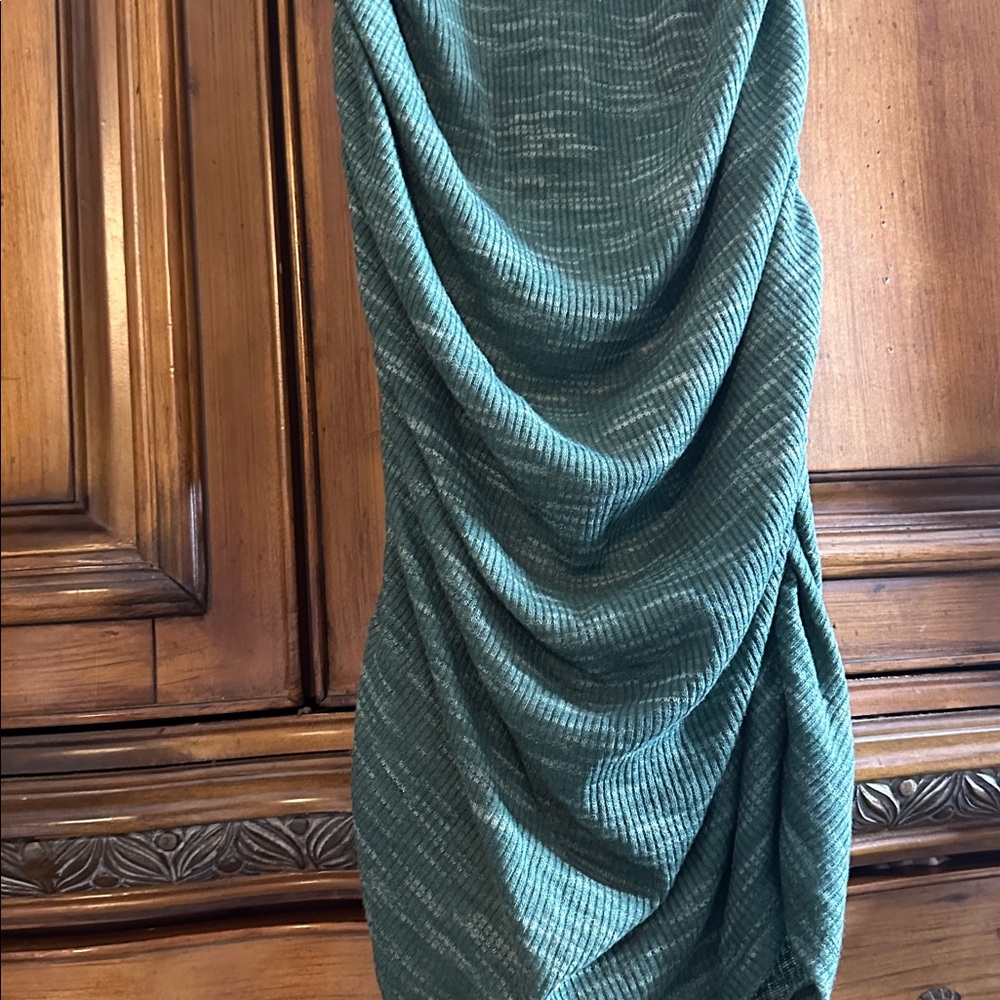 New Midi Green Heathered Bodycon Knit Runched Stretchy Long Sleeve Dress Large - Picture 5 of 10